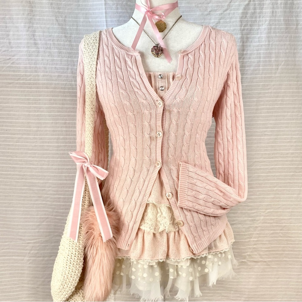 ♡ cable knit long sleeve strawberry milkshake button up cardigan ♡🍓🥛